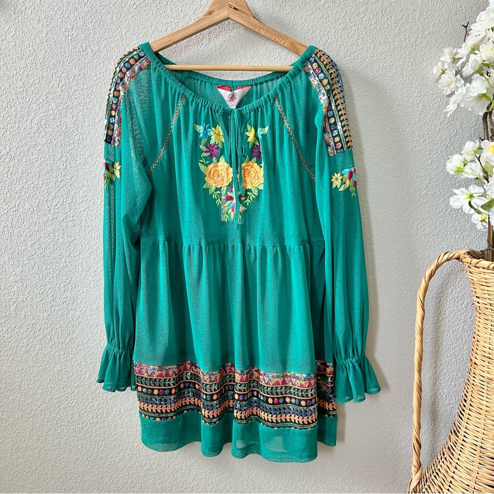 NEW Roja Jade Green Mesh Embroidered Sequin Peasant Top Size Large Western